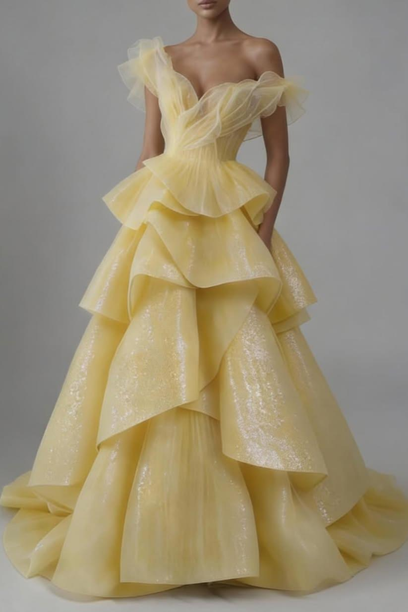 Lussooy Stunning Daffodil One Shoulder Sleeveless Evening Dress With Ruffles