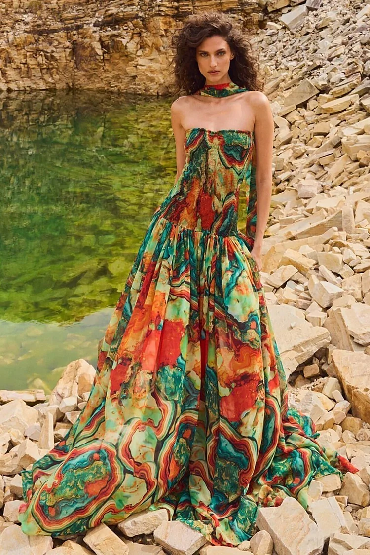 Multicolor Print Strapless Cinch Waist Vacation Maxi Dresses-Green [Pre Order]