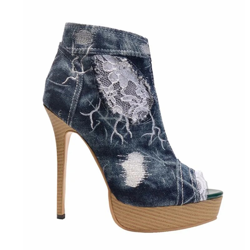 VCSHOES Floral Lace Patch Frazzle Denim Ankle Boots Fish Toe Women Platform Wood High Heels Washable Jean Sandals Bottines Shoes