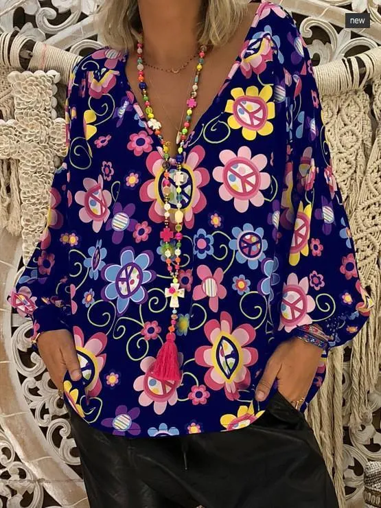 Women Loose Slim V-neck Print Puff Sleeve Long Sleeve T-shirt Tops