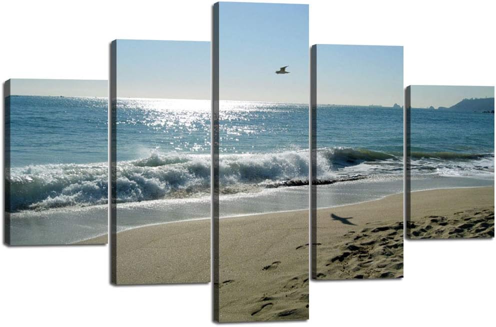 Beach Ocean Painting on Canvas Extra Large Wave seascape Artwork 5 Panel Wall Art,Seaview View Modern Landscape Posters and Prints Pictures for Living Room,Gallery-wrapped Art Framed(60''W x 40''H) 60&#039;&#039;Wx40&#039;&#039;H