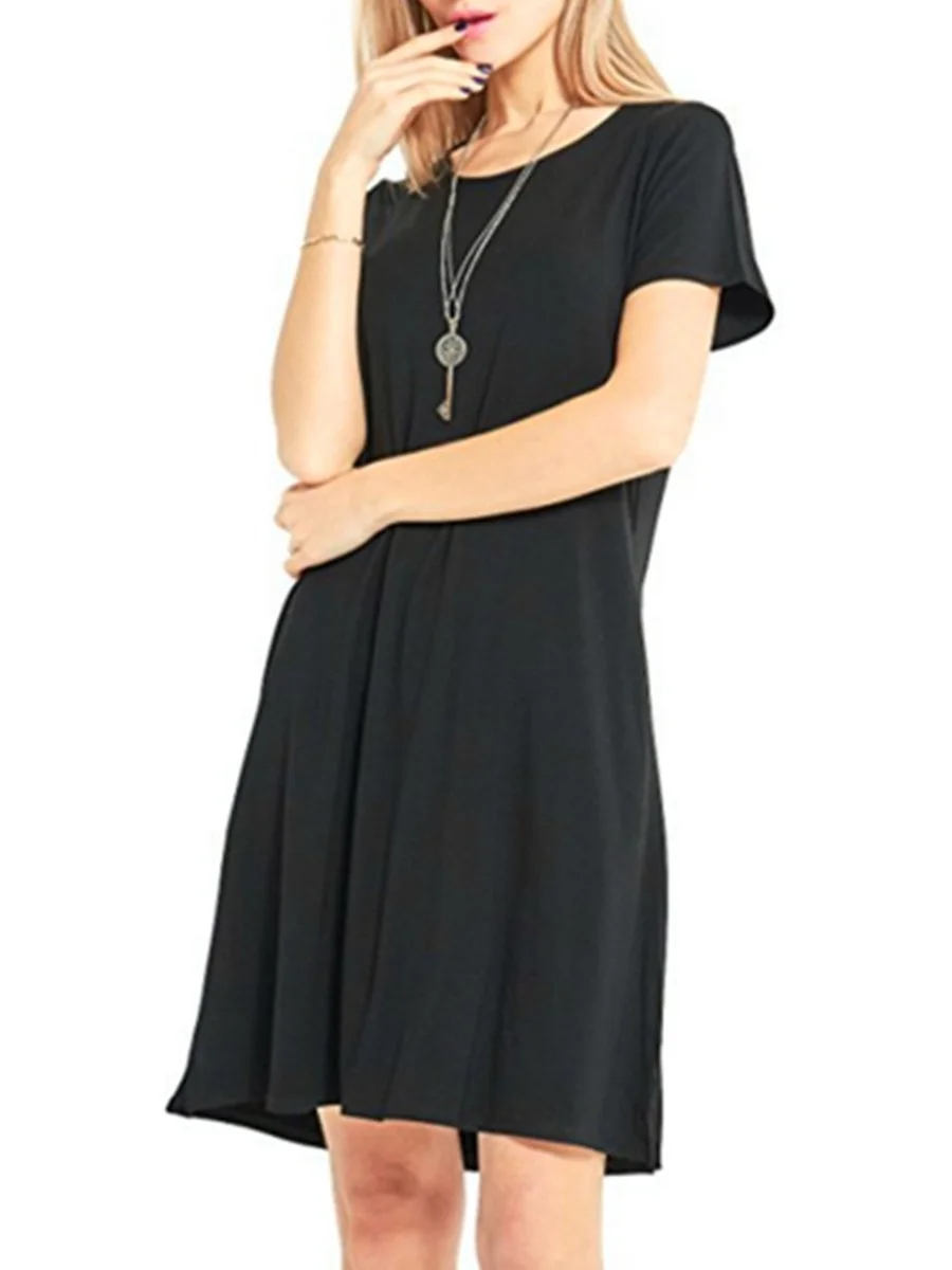 Round Neck Solid Color Short Sleeves Shift Dress