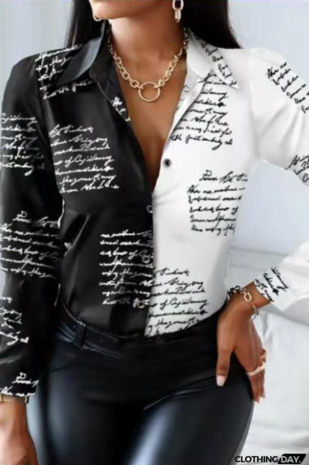 White Fashion Casual Print Patchwork Turndown Collar Tops