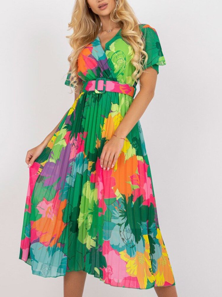 Vintage Floral Print Women Summer Dress Elegant V Neck Cross Short Sleeve Belt Dress Fashion Loose Pleated Office Ladies Dresses