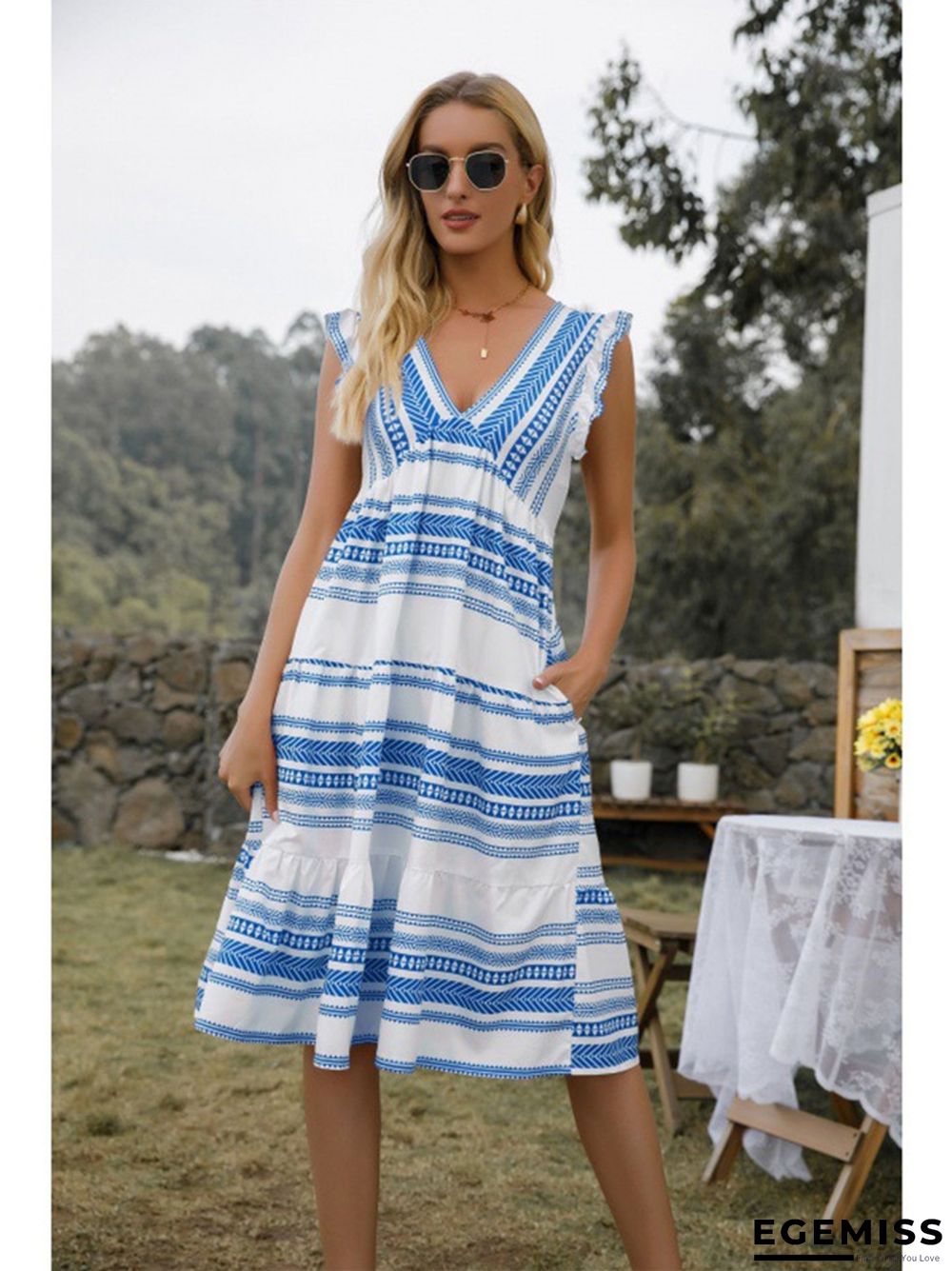 Bohemian V-neck Pocket Striped Dress | EGEMISS