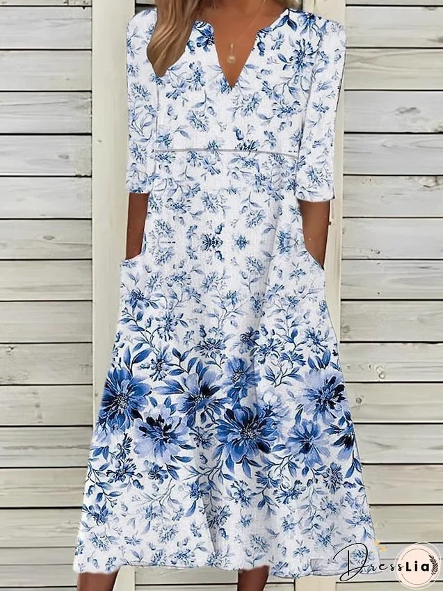 Casual Dress Summer Dress Print Dress Floral Ruched Pocket V Neck Midi Dress Active Fashion Outdoor Daily 3/4 Length Sleeve Loose Fit White Blue Green Summer Spring S M L XL XXL for Women
