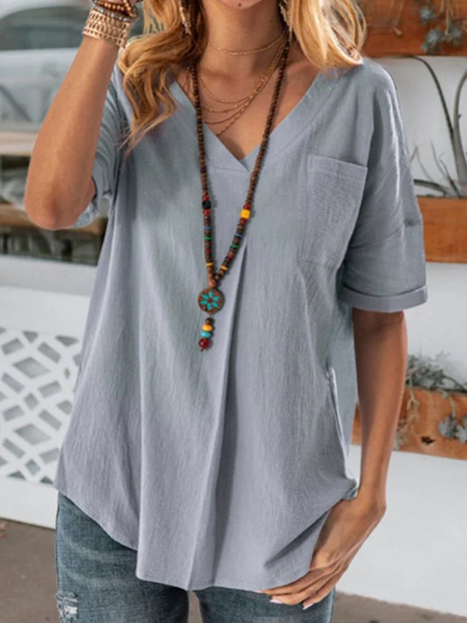 Loose Casual V-Neck Pocket Top
