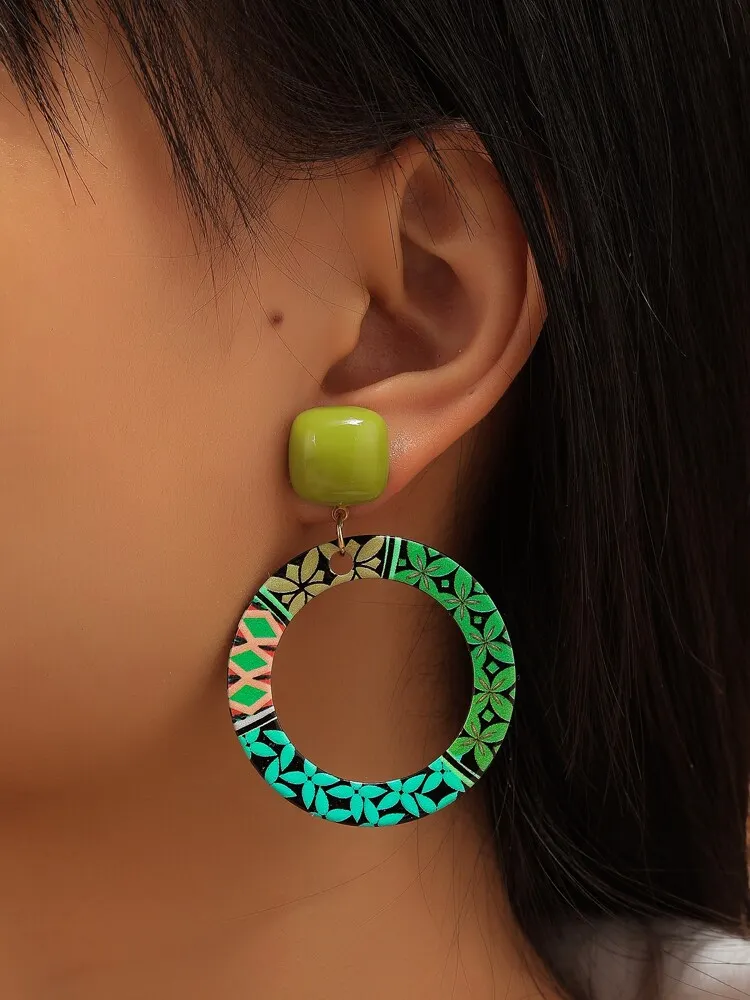 Flower Print Round Drop Earrings