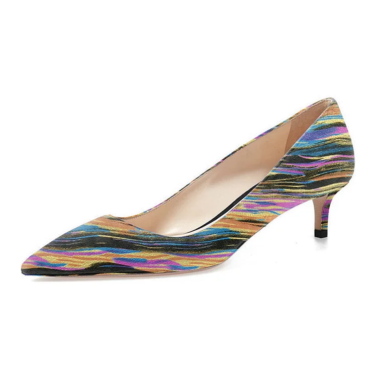 Multi-color Dress Shoes Kitten Heels Colorful Stripes Pointy Toe Pumps |FSJ Shoes
