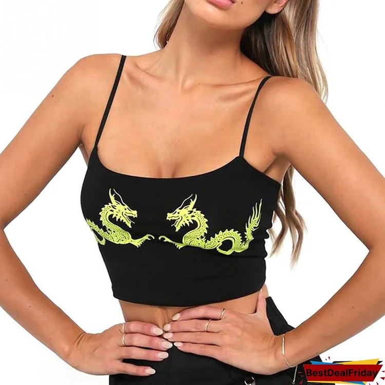 Women Casual Dragon Pattern Crop Tops Summer Cropped Sexy Tight Attractive Fitness Polyester U Neck Fashion Sleeveless Straps