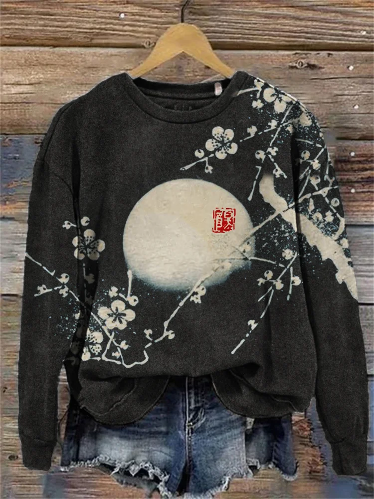 Plum Blossom & Moon Japanese Lino Art Vintage Sweatshirt