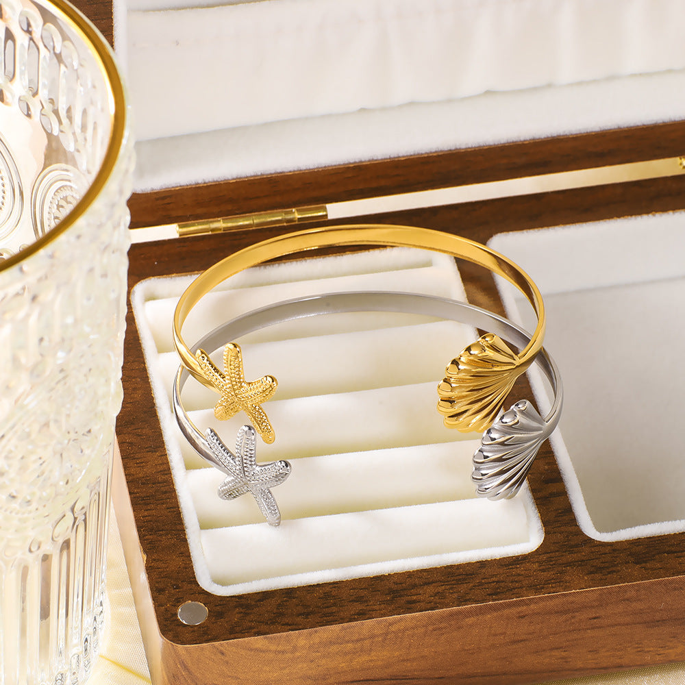 Versatile Ocean Element Starfish Scallop Opening Adjustable Fashion Stainless Steel Bracelet