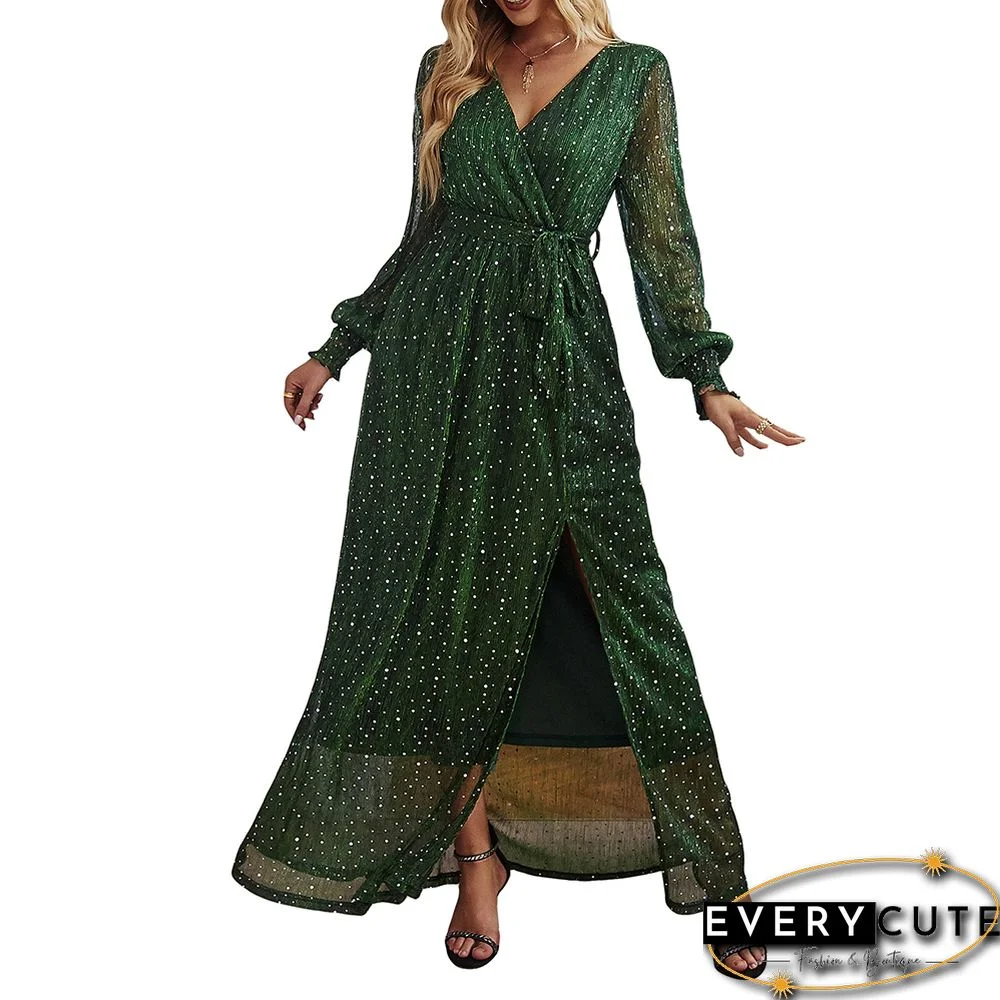 Green Sequin V Neck High Split Maxi Dress