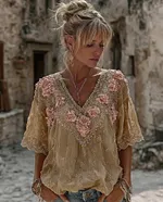 Women's Vintage Spring Floral Embroidered Art Print Flowy Linen Blend Short Sleeve Casual Tops - Image 6