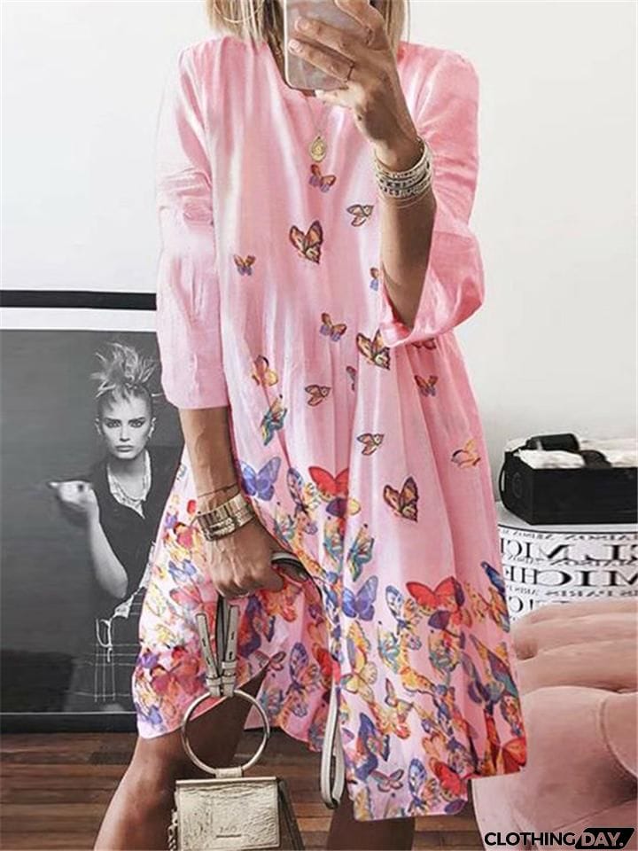 Loose Fit Butterfly Printed Round Neck Long Sleeve Midi Dress