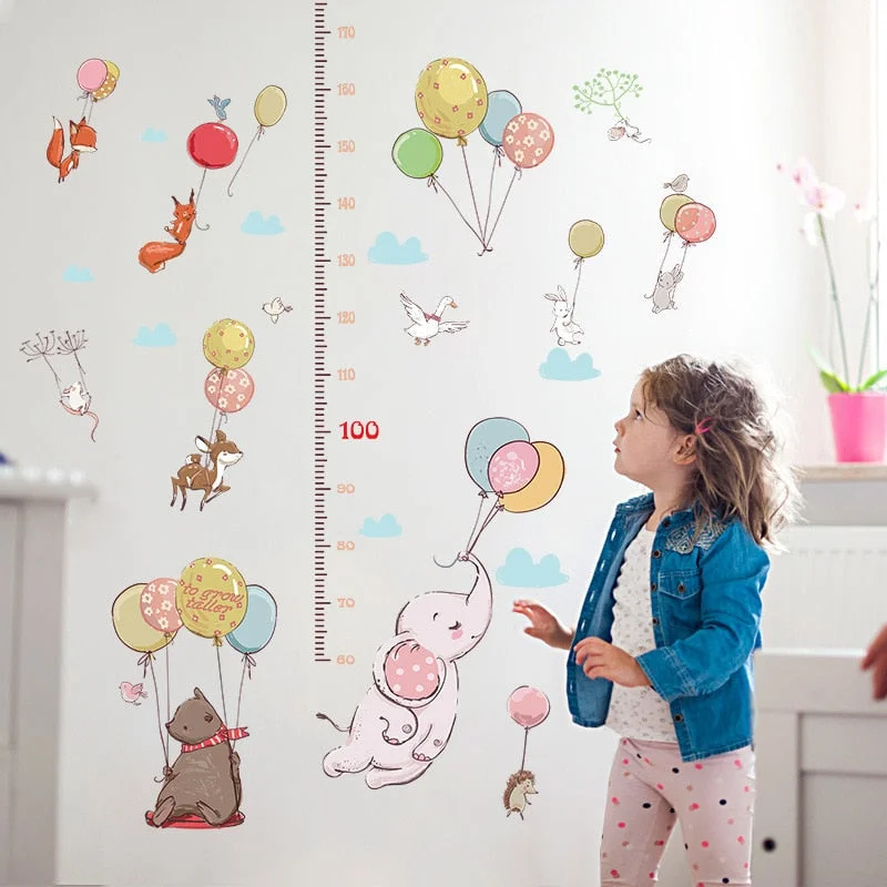 New Cute Elephant with Balloon Cartoon Animals Wall Stickers Height Ruler Measure for Children's Room Art Home Decoration Decals