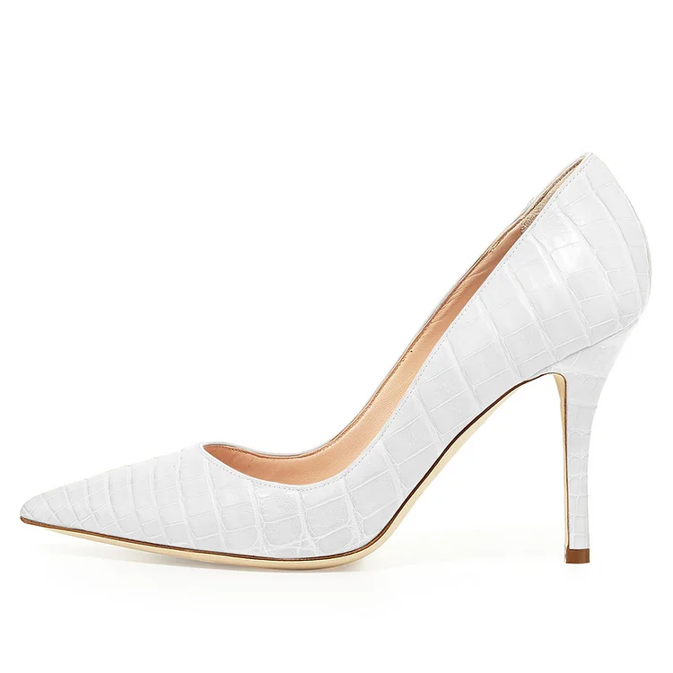 White Croco Embossed Style Stiletto Heels Pumps |FSJ Shoes