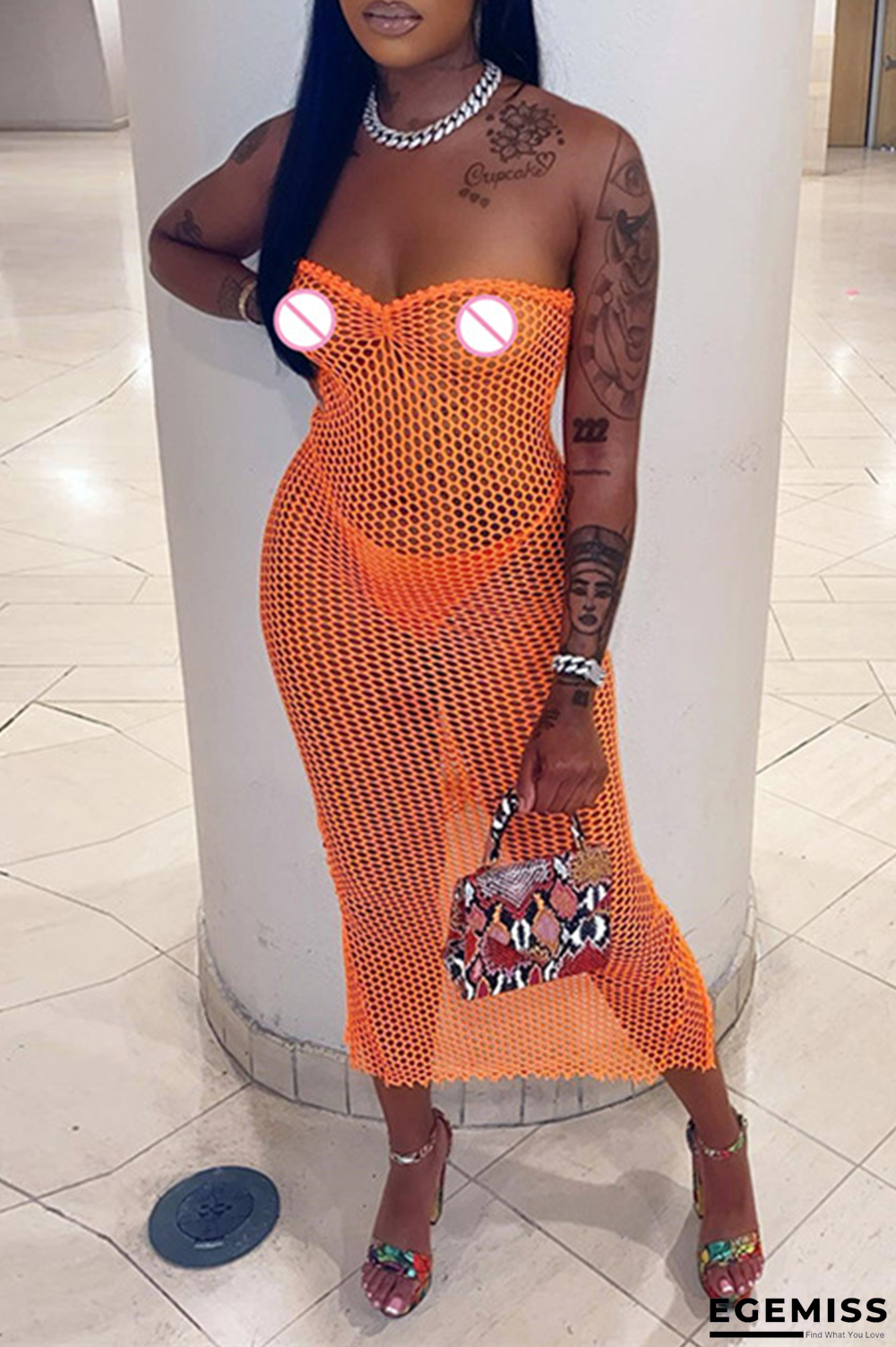 Orange Sexy Solid Mesh Strapless Pencil Skirt Dresses | EGEMISS