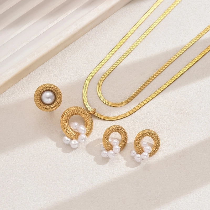 Elegant French Style Geometric 201 Stainless Steel Pearl 18K Gold Plated Inlay Stainless Steel Jewelry Sets