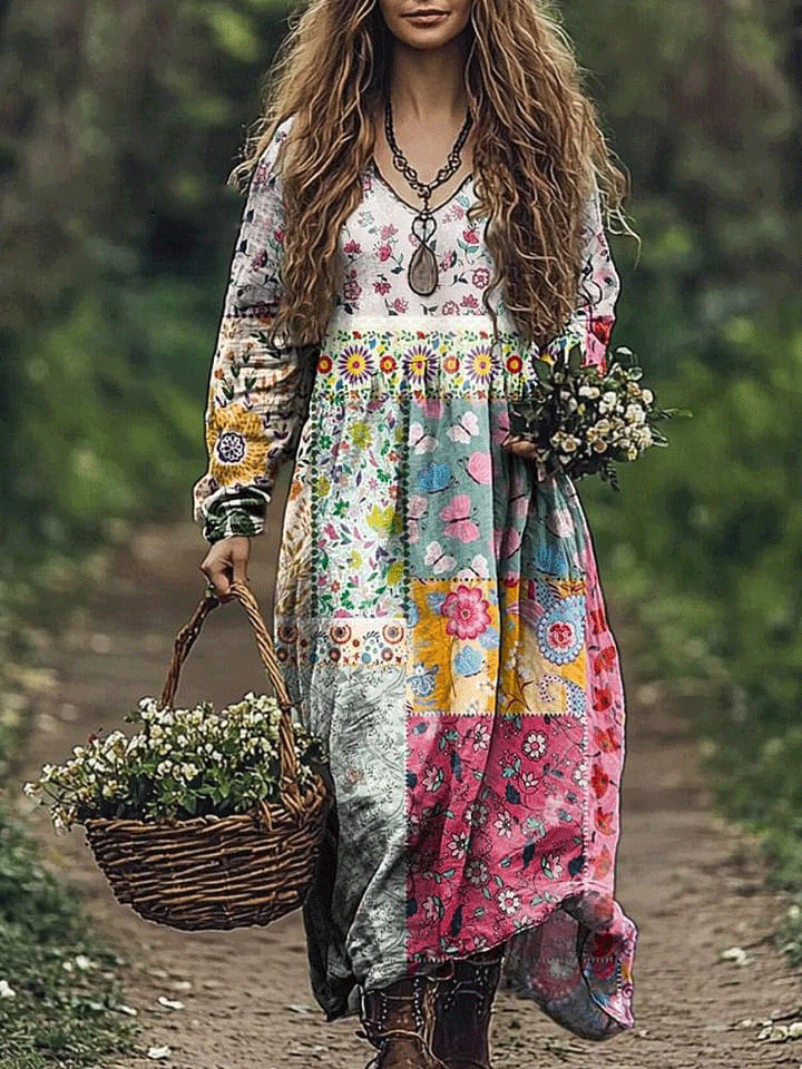 Women's Vintage Lovely Floral Art Print Pocket Cotton Dress