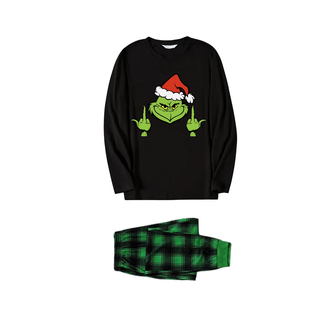 Christmas Cartoon Print Black Long Sleeve Top with Green and Black Plaid Family Matching Pajamas