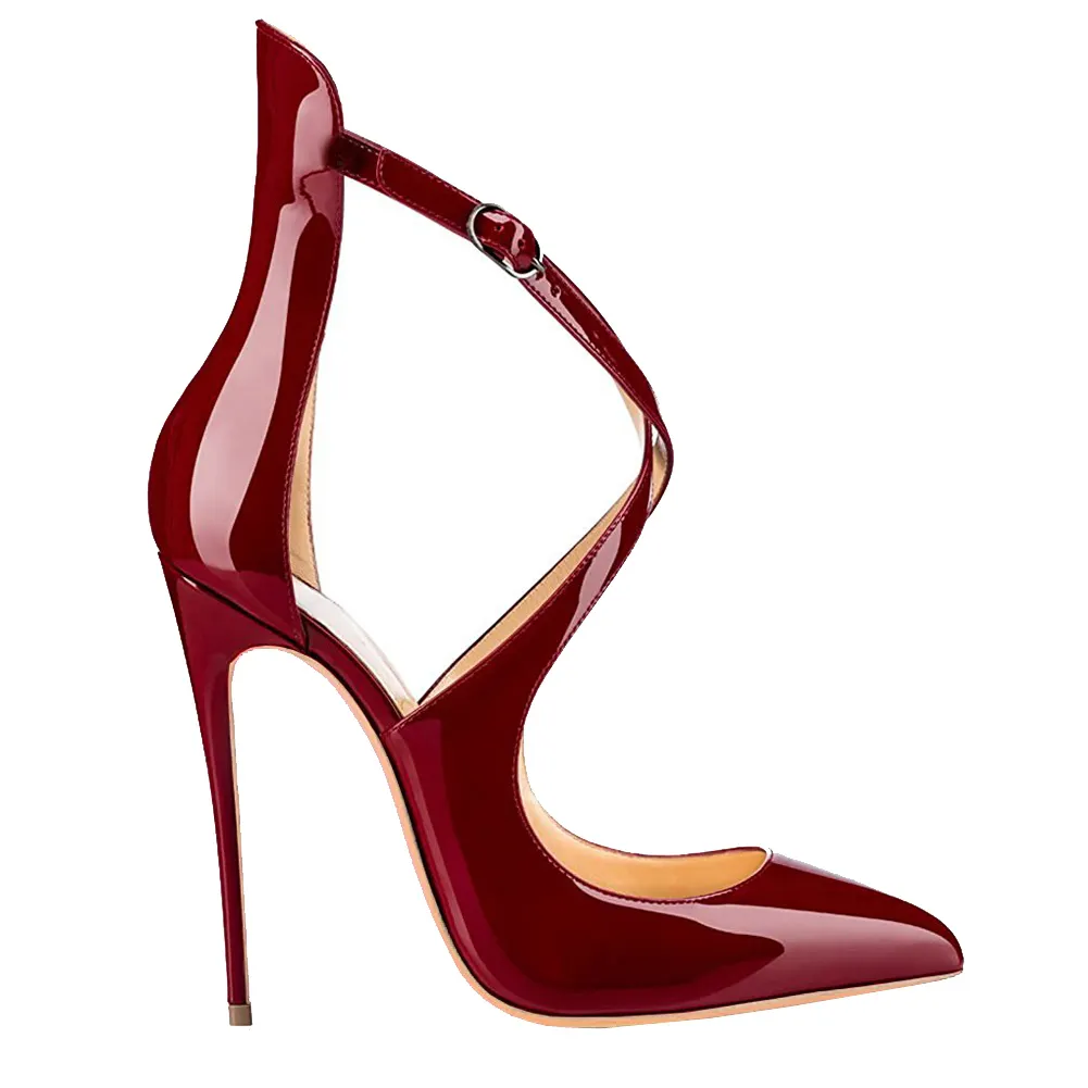 120mm Women's Pointed toe Cross Strap Sexy Cut High Heels Pumps For Party Burgundy-vocosishoes