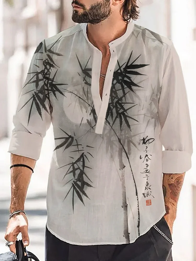Men's Chinese Ink Painting Bamboo Print Long Sleeve Shirt