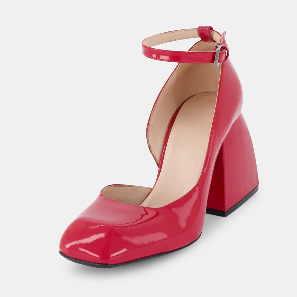 Red Patent Leather Closed Square Toe Pumps Shoes with Block Heel Nicepairs