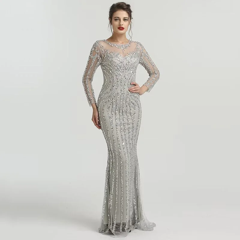 Okdais Grey Luxury Long Sleeves Sparkly Evening Dress Mermaid Sexy Diamond Beading Formal Dress