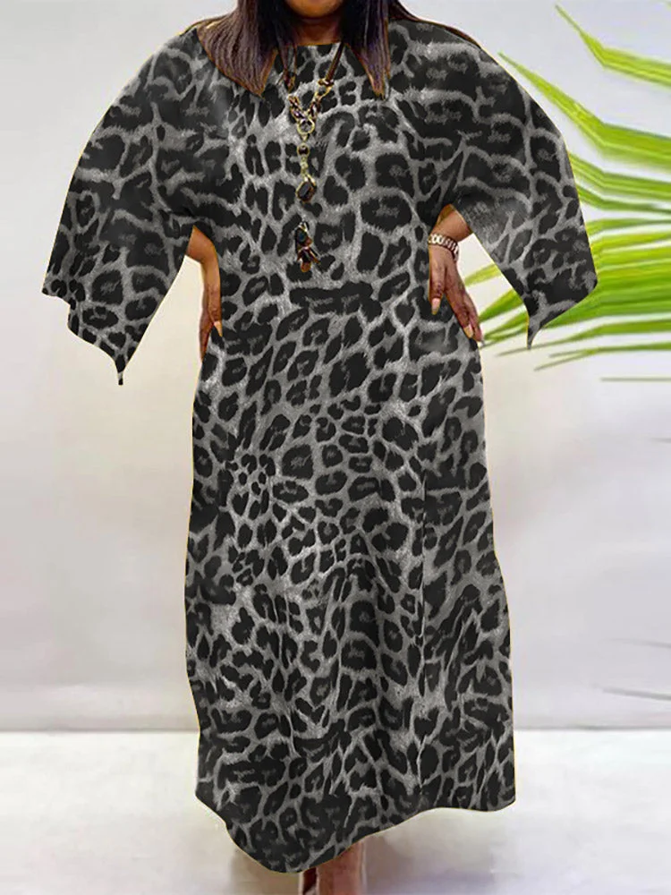 Leopard Print Splited Sleeve Crew Neck Maxi Dresses For Women SKUJ13729 QueenFunky