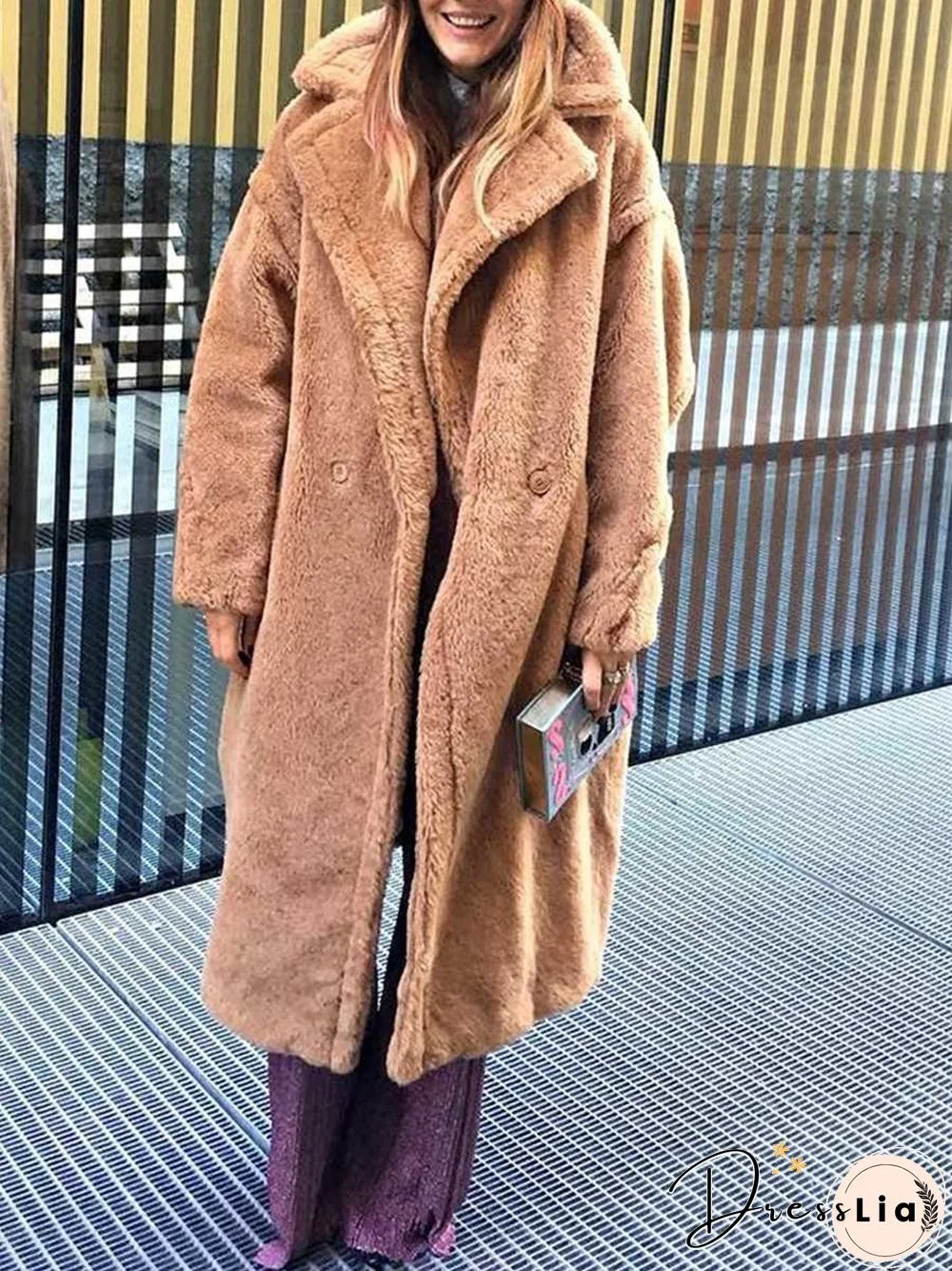 Long Faux Fur Camel Teddy Coat Maxi Jackets