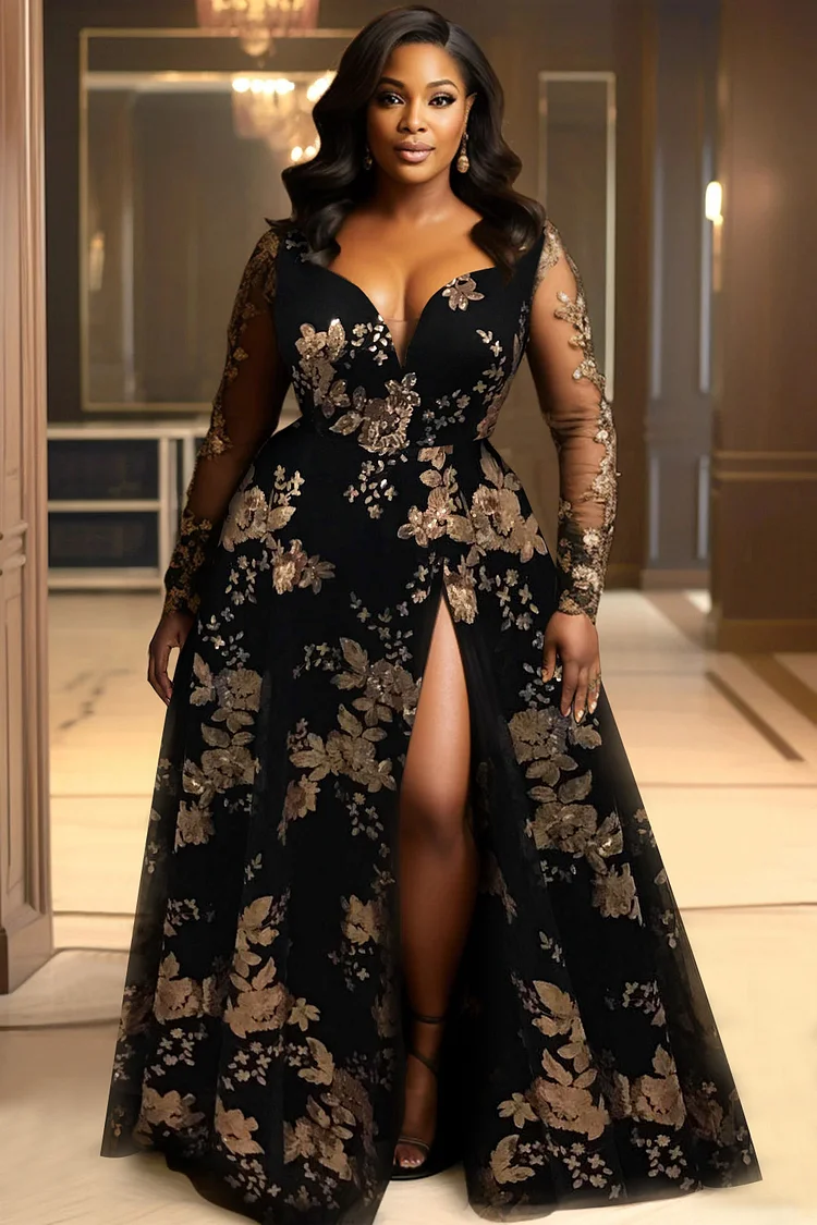 Xpluswear Design Plus Size Formal Black Elegant V Neck Long Sleeve Split See Through Tulle Maxi Dresses 2024 - Xpluswear