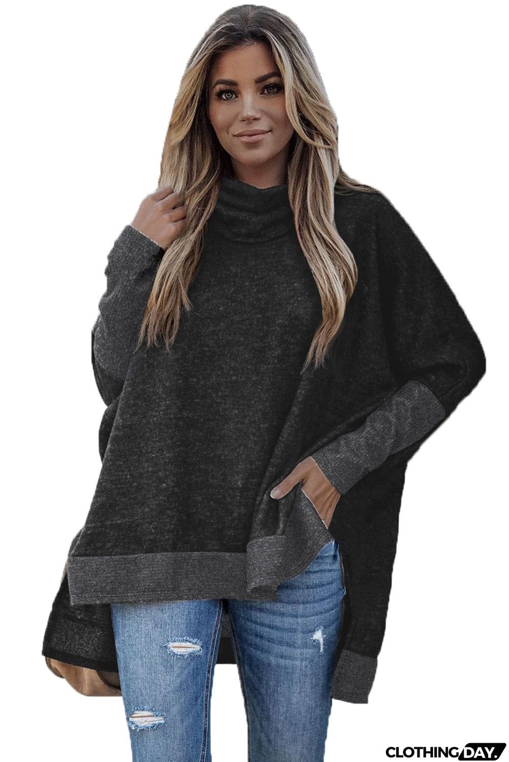 Turtleneck Bat Sleeve Side Slit Tunic Top