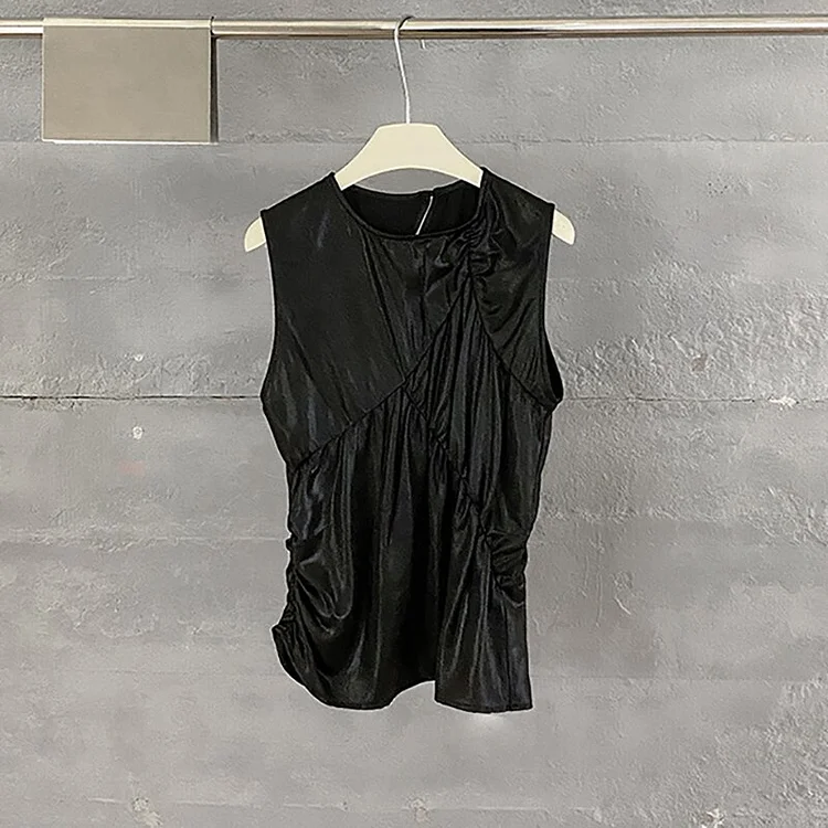 Casual Loose Solid Color O-neck Irregular Folds Stitching Tank      