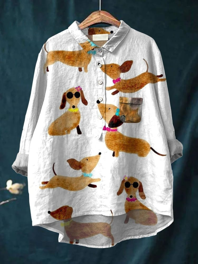 Cute Dog Dachshund Art Print Casual Cotton And Linen Shirt