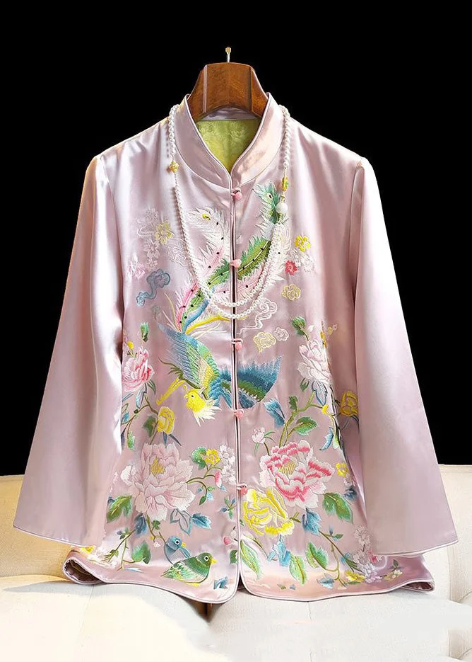 Classy Pink Stand Collar Embroideried Button Silk Coat Spring