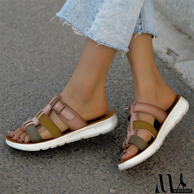 MidiSono - Summer Hollow Out Woven Contrast Color Slippers for Women