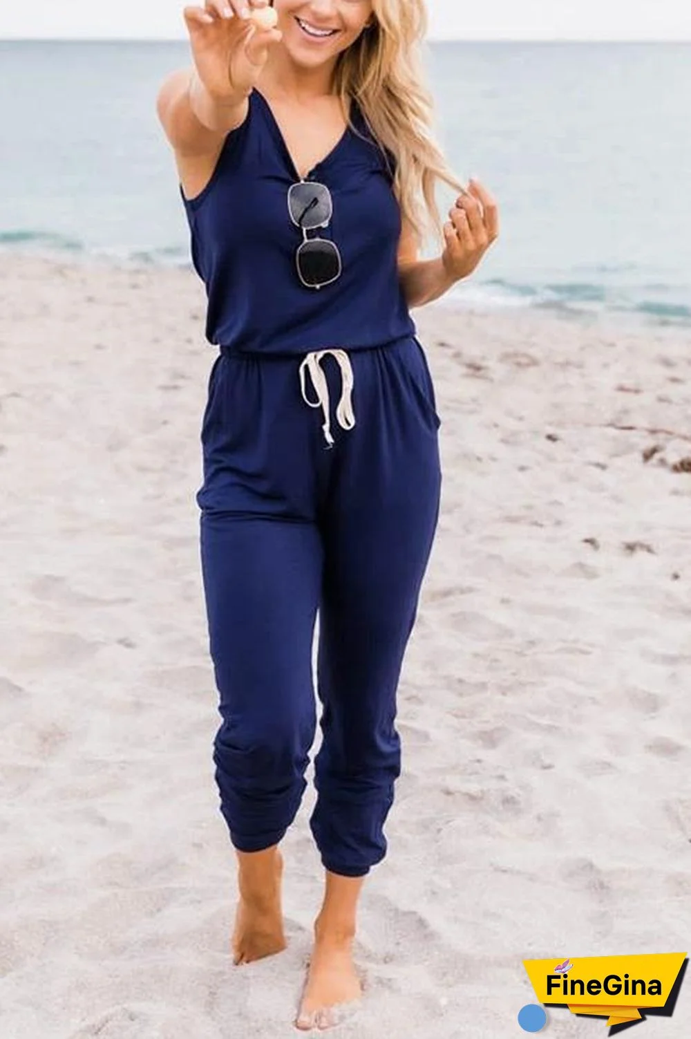 Button Sleeveless Drawstring Jumpsuits