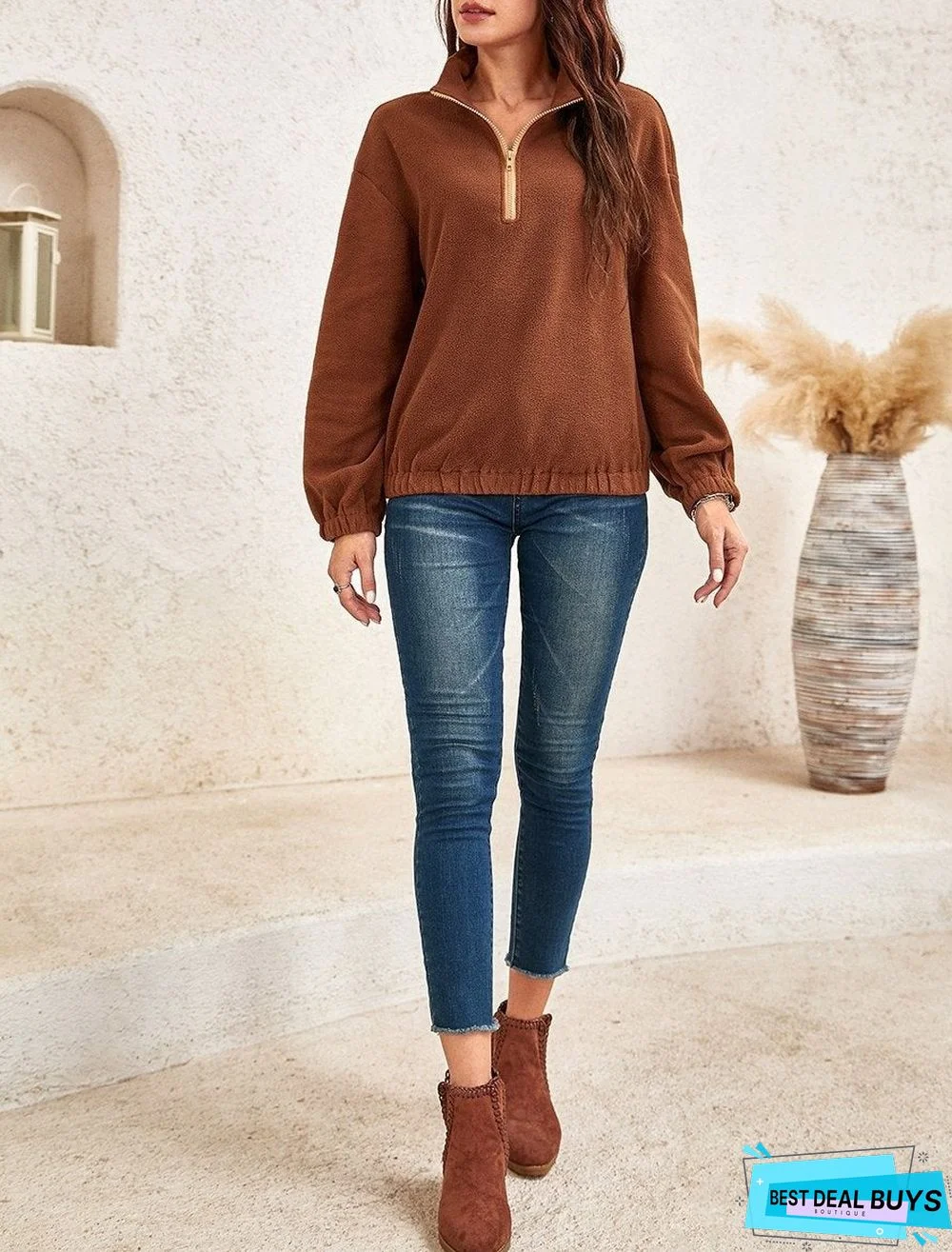 Ladies Zipper High Neck Fleece Long-Sleeved Sweater