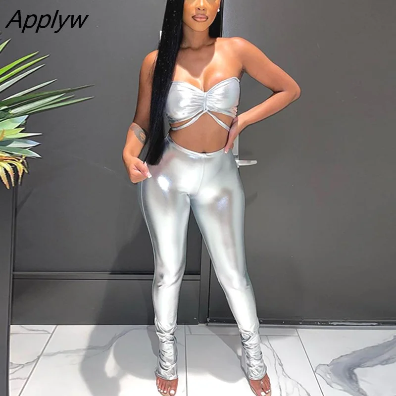 Applyw Simenual Faux PU Leather Set Woman 2 Pieces Solid Strapless Draped Bandage Crop Top High Waist Skinny Pants Biker Co-ord Sets