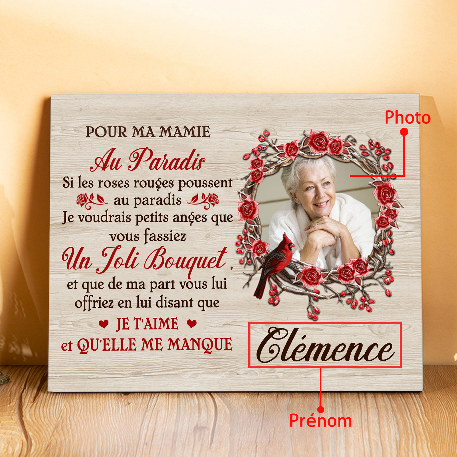 À ma Mamie - Cadre en Bois Commémoratif 1 Prénom et Photo Personnalisés