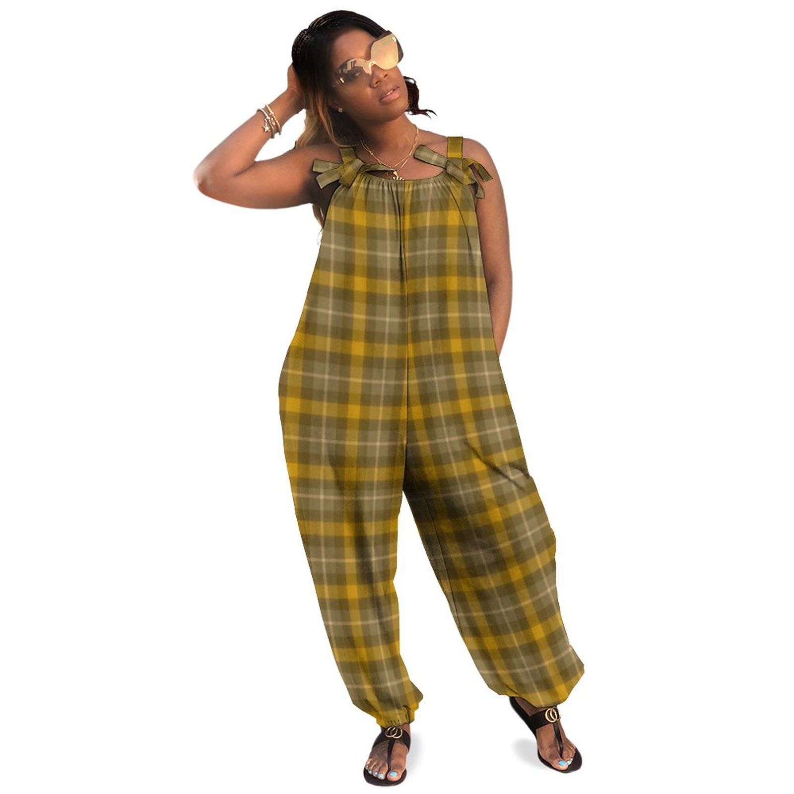 Gold And Brown Plaid Pattern Women Plus Size Jumpsuit Summer Loose Harem Pants Casual Rompers For Thick Women Jumper Romper Long Length Polyester Spandex