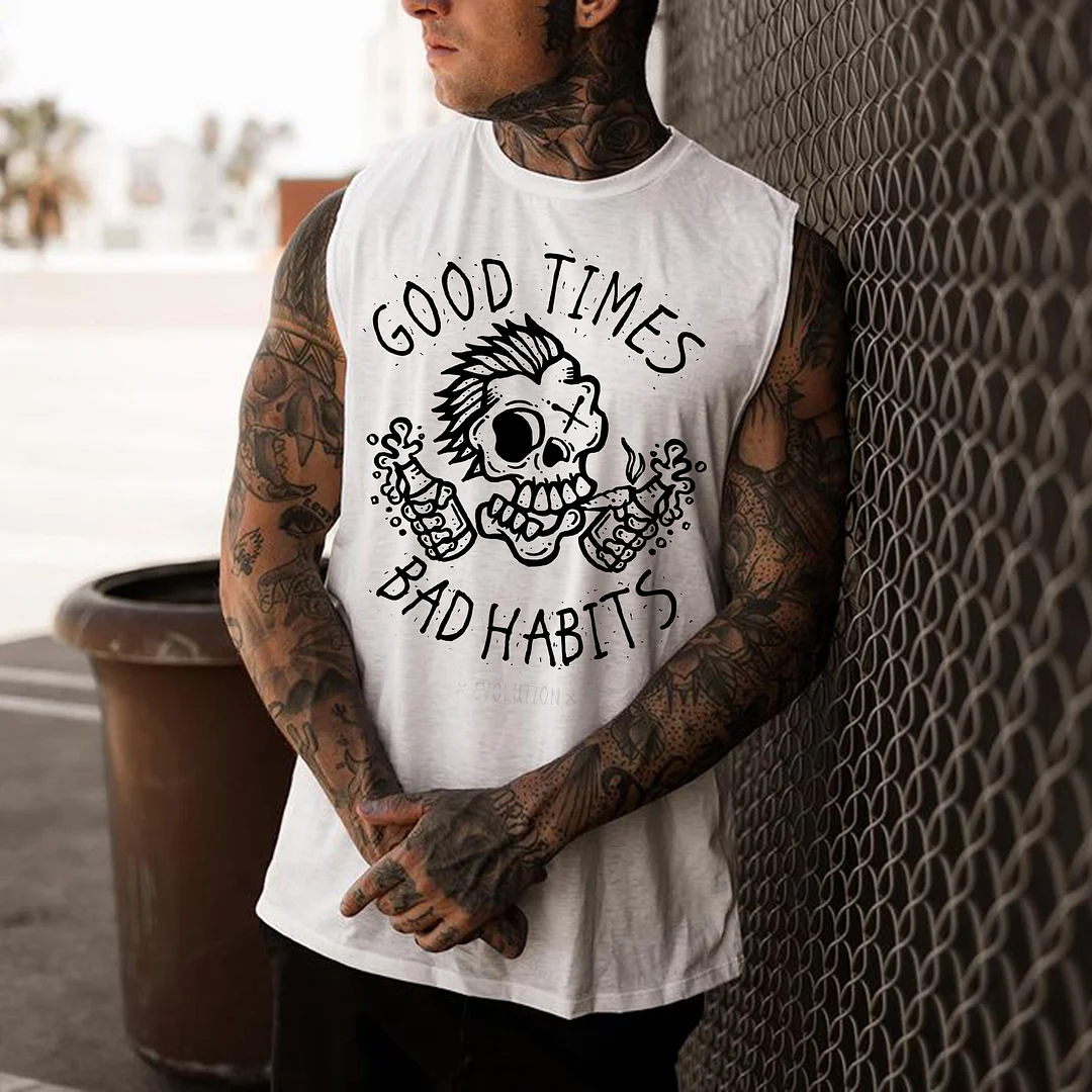 Good Times Bad Habits Skull Print Men's Vest -  