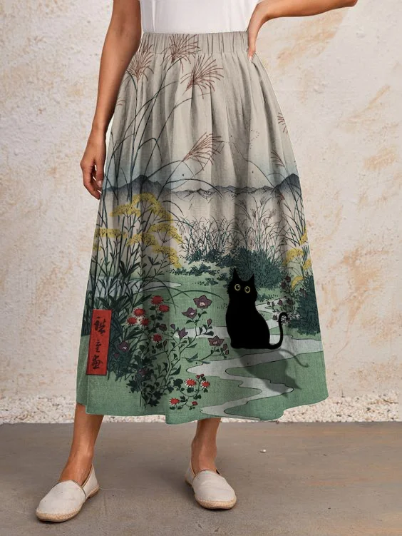 Women's Landscape Black Cat Japanese Art Print Casual Skirt​