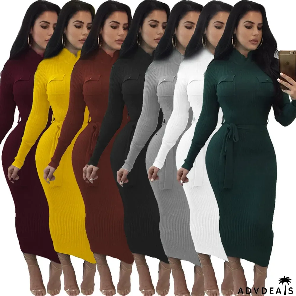 Under-Knee Sheath Dress with Pockets and Waist Belt 27550-2