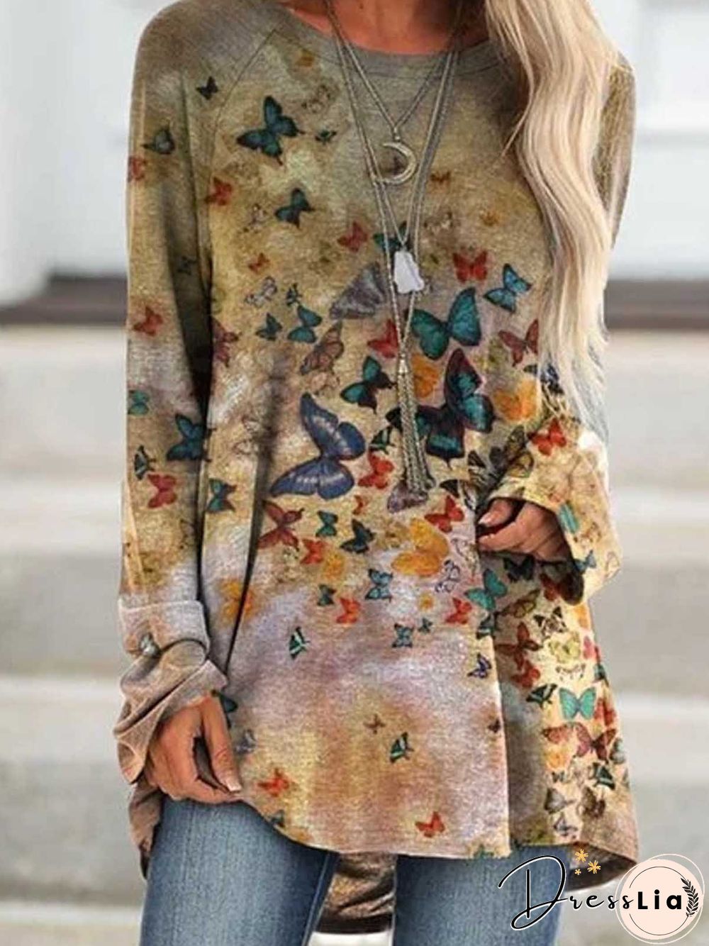 Women Deep Khaki Casual Butterfly Printed Long Sleeve Shirts