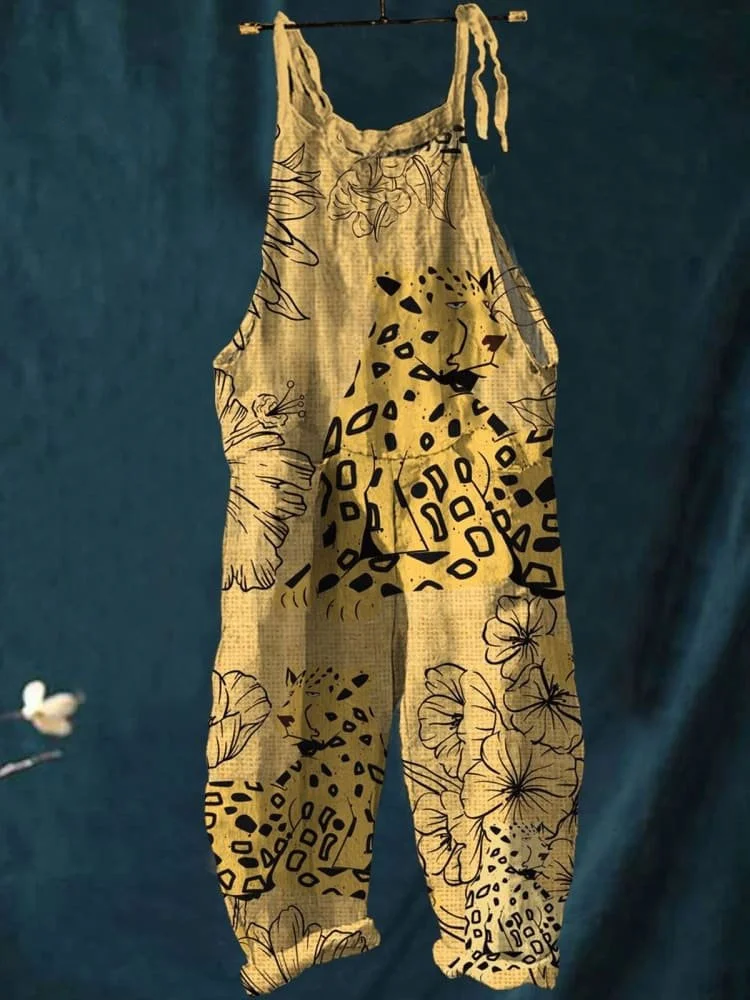 Women's Vintage Lovely Floral Leopard Art Print Casual 100% Cotton Wide Leg Jumpsuit