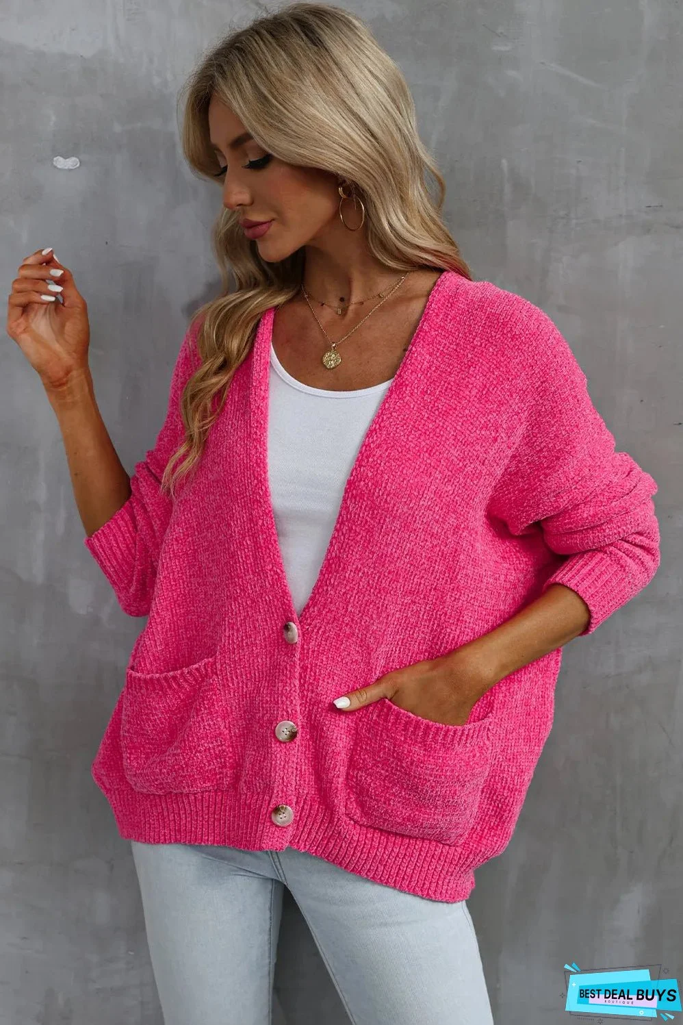 Rose Buttons Front Pocketed Sweater Cardigan