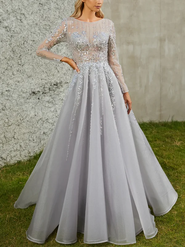 Round Neck Lace Sequin Maxi Dress