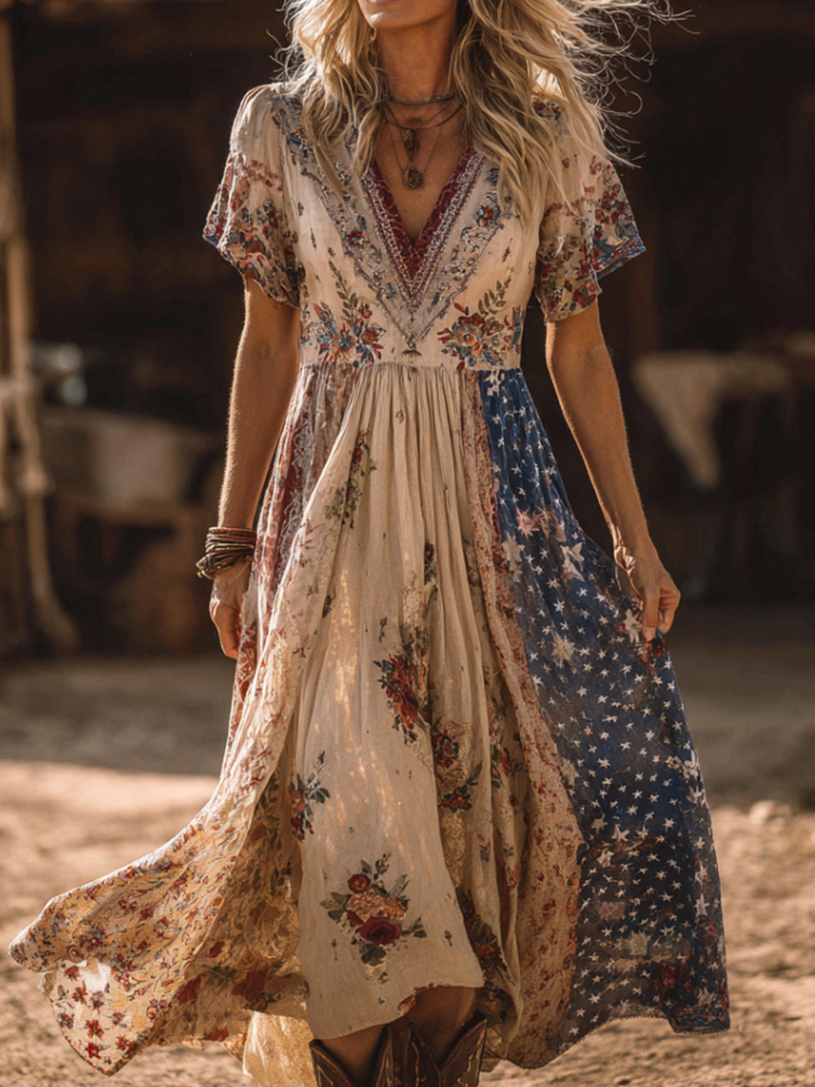  Vintage Floral And Star Art Patchwork Casual V-neck Short Sleeve Dress Westsshops